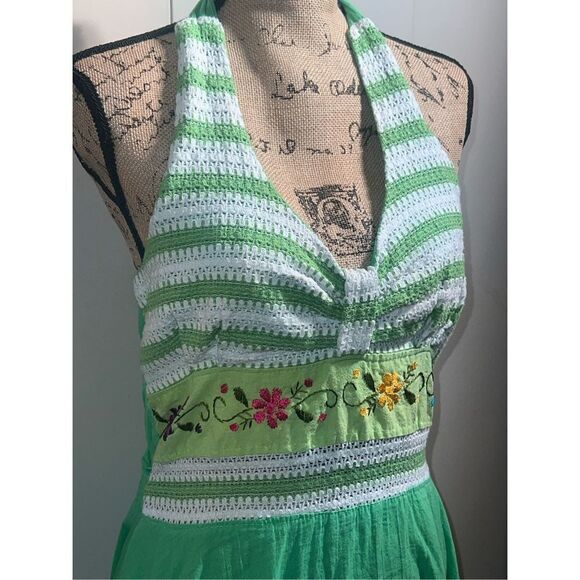Mexican Bright Green Summer Hankerchief Crochet Halter Women’s Dress size large - Picture 3 of 9